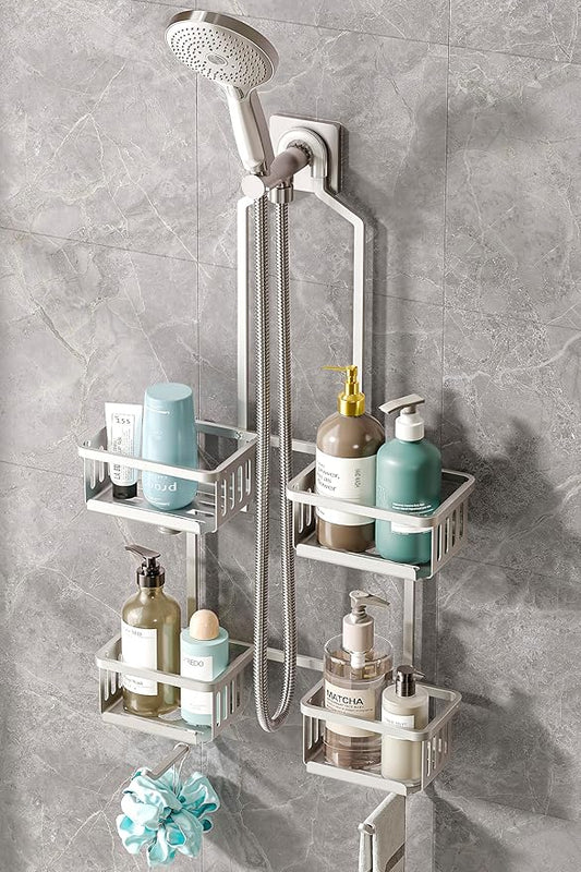 Aluminum Shower Caddy Hanging for Handheld Showerheads, Never Rust Shower Organizer with Hooks Holder Toothbrush Holder，Over Showerhead Caddy for Bathroom