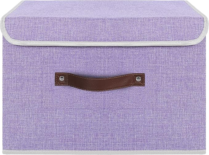 ANMINY 2PCS Storage Bin with Lid Storage Boxes with PU Leather Handles PP Plastic Board Decorative Foldable Lidded Cotton Linen Fabric Home Cubes Baskets Closet Organizer Container - Purple, Medium