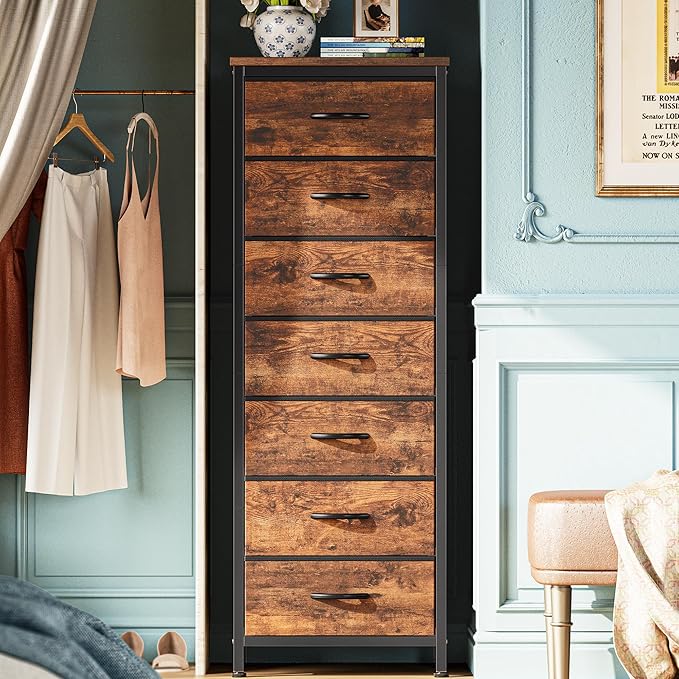 Huuger Tall Dresser for Bedroom, 7 Drawer Dresser & Chests of Drawers, Fabric Drawer for Closet, Bedroom, Night Stand, Metal Frame, Storage Tower with Fabric Bins, Rustic Brown