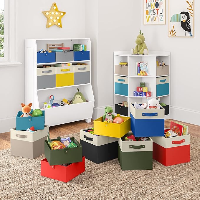 RiverRidge Kids 6pc Folding Storage Bins Set - 10.5”W x 5”H Fabric Boxes with Handles for Closet Organizer & Storage - Olive Cube Storage Organizer for Toys, Clothes & Crafts - Fits RiverRidge Shelves