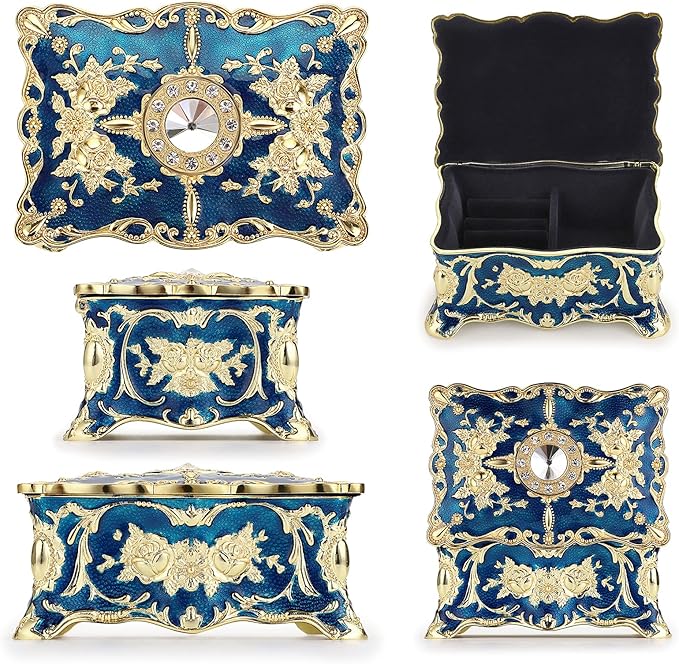Hipiwe Vintage Jewelry Box, Small Enameled Trinket Box Organizer Rectangular Treasure Chest Box Jewelry Decorative box Keepsake Gift Box Case for Women,3.7x 2.7x 2 inch