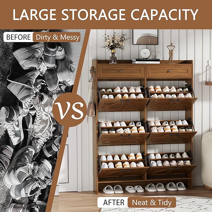 Shoe Cabinet with 6 Flip Drawers & 2 Top Drawers, 57" Tall Freestanding Narrow Wooden Shoe Storage Organizer for Entryway, Hidden Slim Shoe Rack for Front Door Entrance, Hallway, Living Room, Walnut
