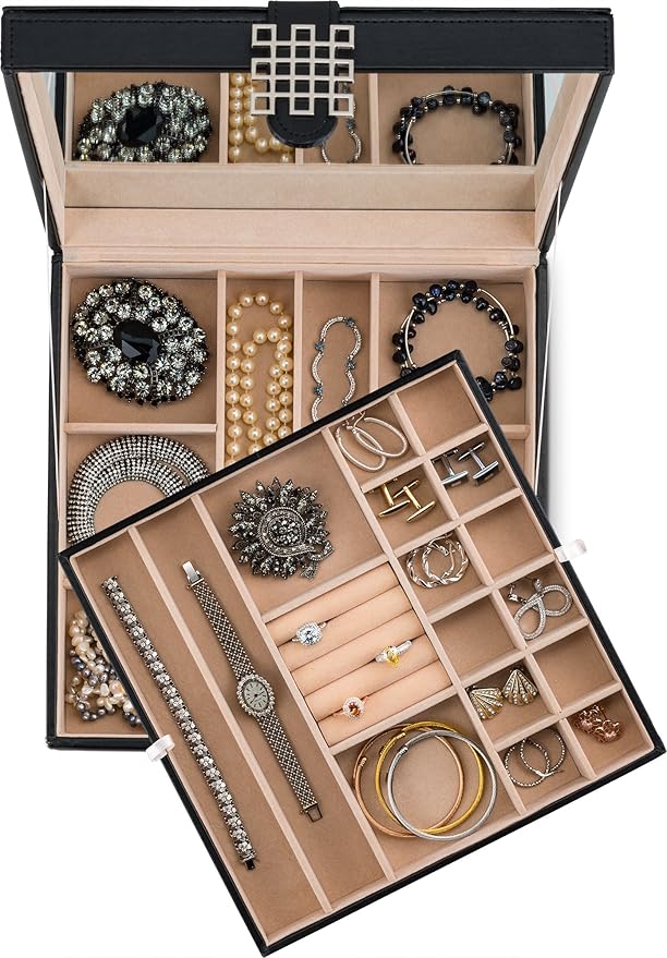 Glenor Co 28 Section Jewelry Box - 2 Layer - Buckle Snap & Magnet Closure - Large Mirror - Pu Leather - Black - Jewelry Organizer for Women & Girls - Holder for Earring Ring Necklace & Bracelet