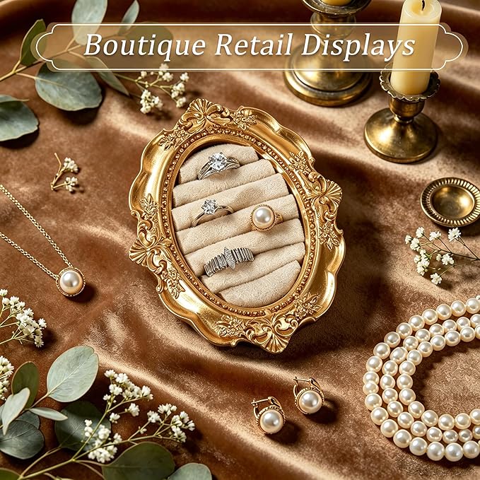 Vintage Ring Holder Rectangle Gold Velvet Display Stand - Baroque Jewelry Organizer Box Tray for Wedding Engagement Anniversary Women Birthday Christmas Gift Photograph Prop (MPF05-White)