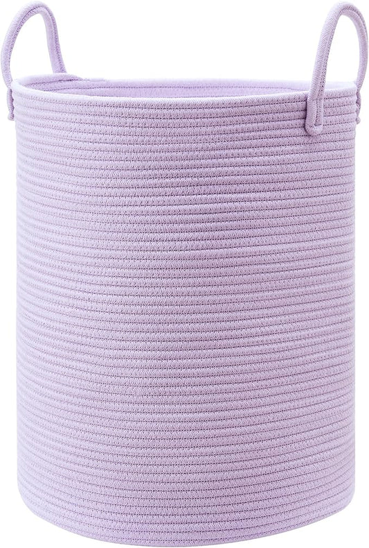 60L Large Purple Laundry Hamper Basket for Nursery Kids Tall Lavender Blanket Basket for Girls Cotton Rope Lilac Clothes Hamper in Bedroom 15Dx20H inches