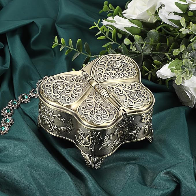 Hipiwe Antique Metal Jewelry Box Butterfly Shape Jewelry Storage Organizer Vintage Trinket Box Treasure Chest for Ring Earrings Necklace Decorative Keepsakes Box, Bronze, Large