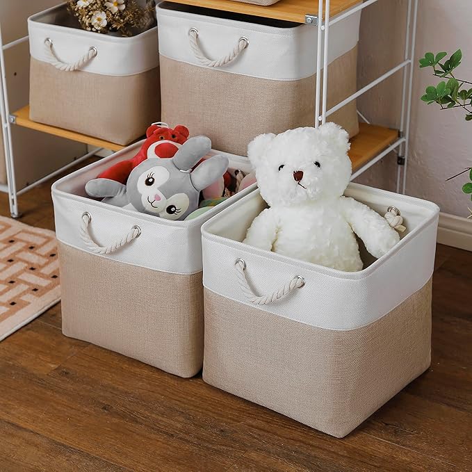 MidmmVick 13 x 13 Inch Cube Storage Bins, 6 Pack Extra Large Collapsible Fabric Storage Bin with Ropes, Foldable Storage Cubes for Home (White & Beige-13"x13"x13")