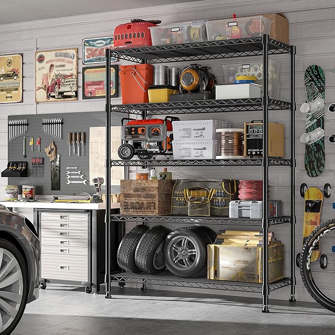 REIBII 73''H Storage Shelves 1660LBS Wire Shelving Unit with Wheels 5 Tier Metal Shelving,Heavy Duty Metal Shelves for Storage Rack,Commercial Industrial for Garage Kitchen 73''HX35''WX15''D,Black