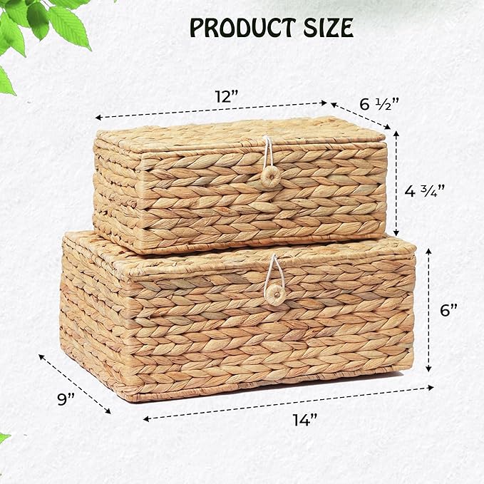 LUSYDECO Set of 2 Rectangular Wicker Storage Bins with Lid, Rattan Basket Decorative Boxes, Multipurpose Organizer Display Boxes for Shelf Organizer, Boho Rattan Box for Home Decoration