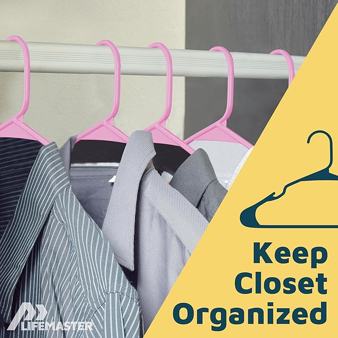 Lifemaster Plastic Clothes Hangers – Heavy Duty Hanger Set, for Organizing Clothes, Dresses, and Coat, Holds Up to 5 lbs, Space-Saving Hangers with Non-Slip Shoulder Grooves, Pack of 120, Pink