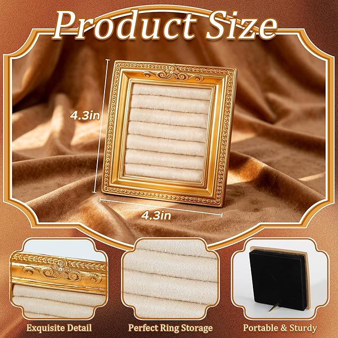 Vintage Ring Holder Rectangle Gold Velvet Display Stand - Baroque Jewelry Organizer Box Tray for Wedding Engagement Anniversary Women Birthday Christmas Gift Photograph Prop (MPF05-Gold Beige)