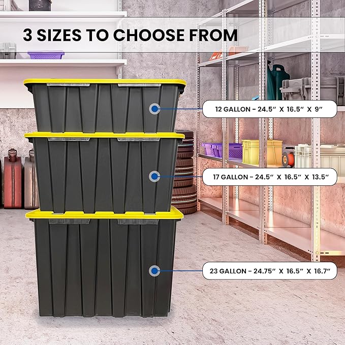 4 PACK X-Large Black & Yellow Storage Bins | Plastic Tote Organizing Container with Secure Latching Lids, Stackable, Extra Strength with Built in Handle | Black and Yellow Bins | 24.5" x 16.5" x 16.6"