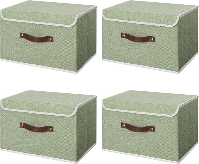 ANMINY 4PCS Storage Bin with Lid Storage Boxes with PU Leather Handles PP Plastic Board Decorative Foldable Lidded Cotton Linen Fabric Home Cubes Baskets Closet Organizer Container - Green, Medium