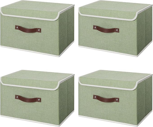 ANMINY 4PCS Storage Bin with Lid Storage Boxes with PU Leather Handles PP Plastic Board Decorative Foldable Lidded Cotton Linen Fabric Home Cubes Baskets Closet Organizer Container - Green, Medium