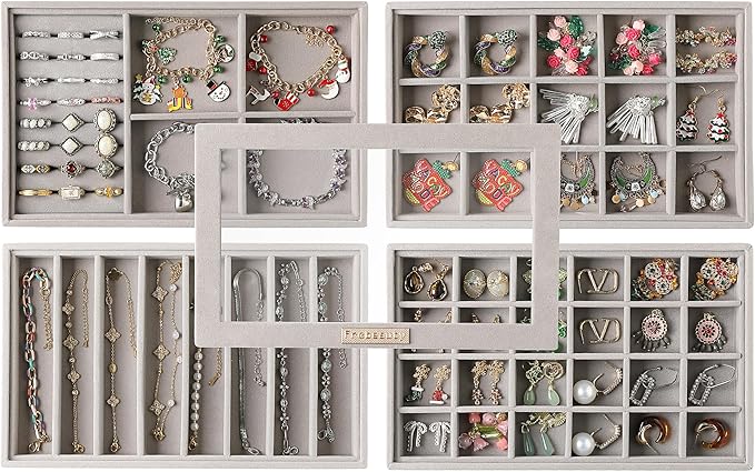 Frebeauty Stackable Jewelry Trays, Velvet Drawer Jewelry Organizer with Glass Lid,5 in 1 Multi-Functional Jewelry Storage for Earrings Necklaces Rings, 10.5 x 6.5 x 5.55 Inches Gift for Women(Grey)