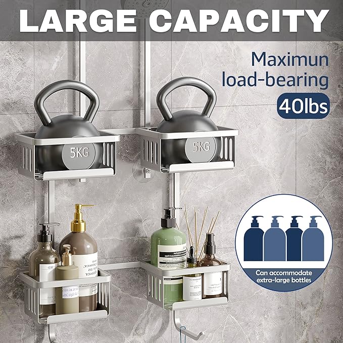 Aluminum Shower Caddy Hanging for Handheld Showerheads, Never Rust Shower Organizer with Hooks Holder Toothbrush Holder，Over Showerhead Caddy for Bathroom