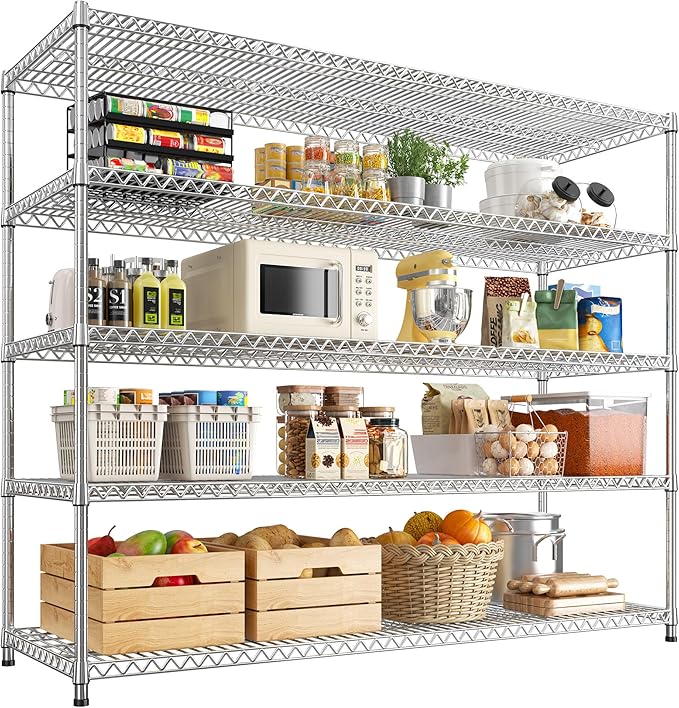 REIBII 55.5" W Storage Shelves 3200LBS Metal Shelving 5 Tier Wire Shelving Garage Shelving Heavy Duty Metal Shelves for Shelving Unit Commercial Adjustable Shelf, 55.5" W X 18''D X 71" H，Chrome