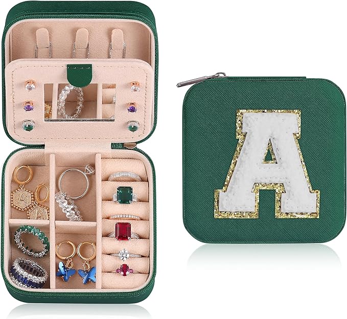 Parima Gifts for Grandkids Her - Trendy Travel Jewelry Case - Green Travel Jewelry Box | Birthday Gifts for Women Mom Gifts for Women - Letter A, Green