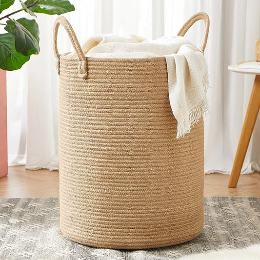 60L Jute Woven Laundry Hamper Basket Wicker Rope Clothes Hamper Tall Rattan Blanket Basket in Living Room Bedroom 15Dx20H Inches Large