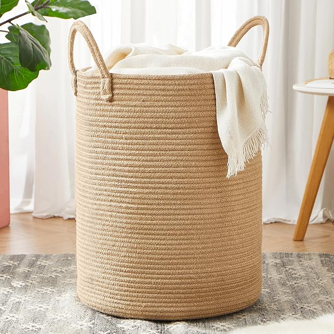 15Dx20H Inches Jute Woven Laundry Hamper Basket Wicker Rope Clothes Hamper Tall Rattan Blanket Basket in Living Room Bedroom 62L Large Capacity