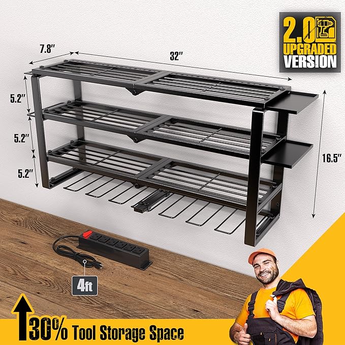 Spampur 420LB Capacity Power Tool Organizer with Charging Station & 6 Outlets | Quick Assembly 4-Layer Heavy Duty Rack for Drills & Batteries | Ultimate Garage Storage & Christmas Gift for Men