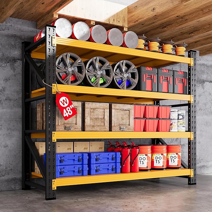 48" W Metal Garage Shelf Heavy Duty, 3000LBS Metal Shelving Units, 4 Tier Tall Steel Shelving, 24" Deep Steel Shelf Rack , Adjustable Utility Standing Shelf for Warehouse/Shop 48"W x 24"D x 70"H