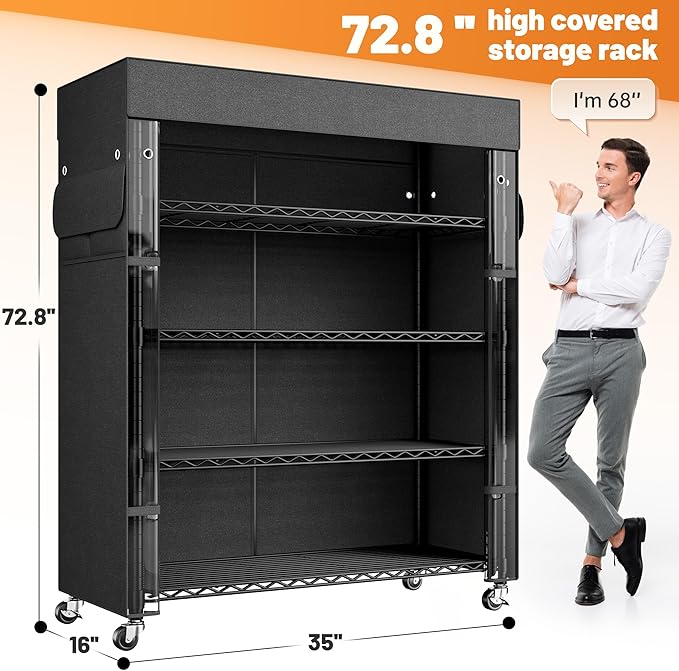 REIBII 72.8" H Storage Shelves with Cover & Wheels, Wire Shelving Heavy Duty Metal Shelving for Pantry Kitchen Garage, Storage Rack Shelf Shelving for Commercial Industrail, 35" W*16" D*72.8" H