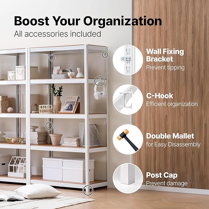 HOMEDANT House 48.1" W 5 Tier Heavy Duty Garage Shelving Adjustable Metal Rack Storage Shelves Standing Shelf Unit Organizers Industrial Warehouse Basement White 2Pack