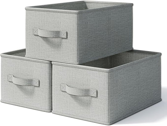 LayerSpace 3 Pack Fabric Storage Bins for Shelves | 11.5x8.75x6.5in Closet Storage Baskets | Collapsible Storage Bins | Fabric Closet Organizers with Handles | Light Gray