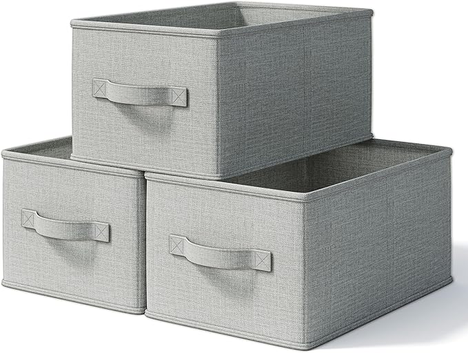 LayerSpace 3 Pack Fabric Storage Bins for Shelves | 16.25x12x10in Closet Storage Baskets | Collapsible Storage Bins |Fabric Closet Organizers with Handles | Light Gray