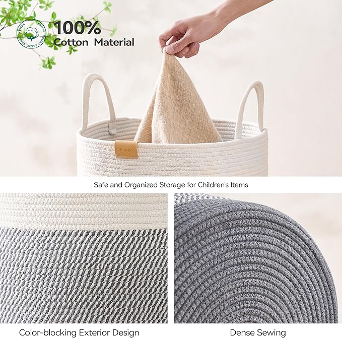 Nunsino Laundry Hamper 75L,Large Laundry Basket for Clothes,Decorative Storage Basket for Blankets,Cotton Rope Woven basket for bedroom,Grey White