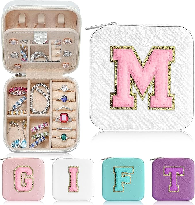Parima Gifts for Mom - Birthday Gift for Women Mom, Travel Jewelry Case, Initial Jewelry Boxes, Travel Gifts for Women Girl, Ring, Necklace, Earring Organizer Box - Initial M White