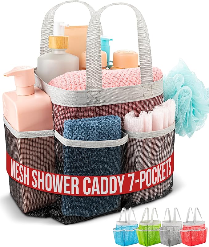 Handy Laundry Mesh Shower Caddy – 7 Pocket Portable Organizer Tote for College Dorm, Gym, Travel & Bathroom – Quick Dry, Collapsible, Lightweight Bag with Reinforced Handles (Black)
