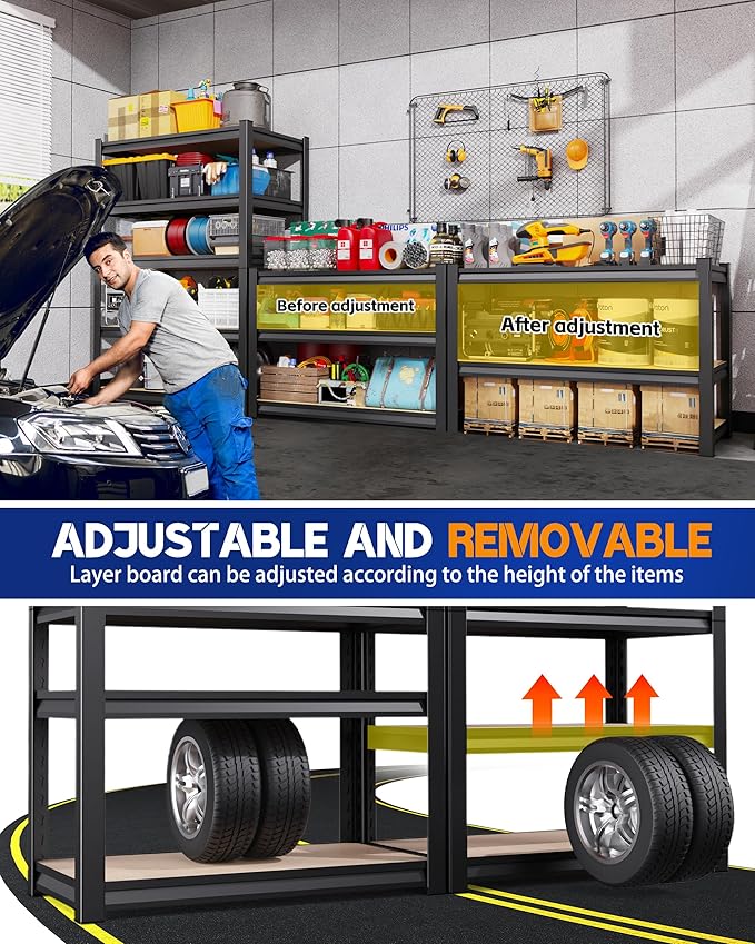 Set of 4 Garage Shelving Heavy Duty Storage Shelves, Adjustable Metal Shelving Unit, Utility Garage Organizer Shelf for Basement, Pantry, Kitchen, Warehouse,15.7" D x 35.4" W x 71.2" H, Black