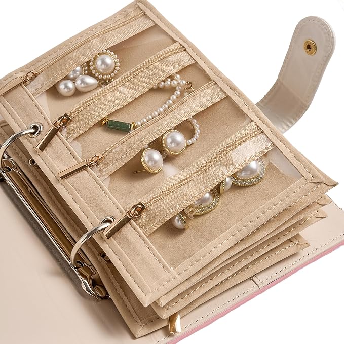 Travel Jewelry Case Organizer PU Leather Jewelry Storage Book Ring Binder with Zipper Velvet Jewelry Pouches Bags for Rings,Necklace,Bracelet - Pink