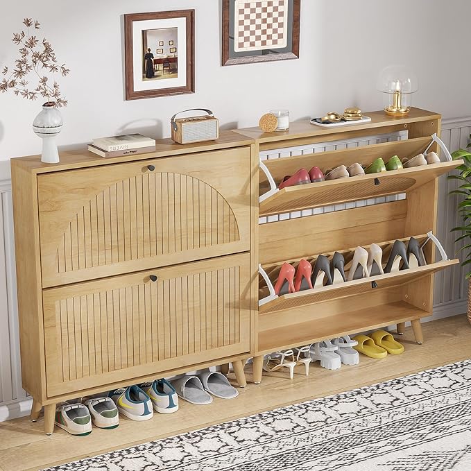 Fsbecl Shoe Storage Cabinet for Entryway with 2 Flip Drawers, Narrow Wood Shoe Cabinet with Fluted Panel, Freestanding Hidden Shoe Organizer for Foyer, Hallway (Wood Color - No Shelf)