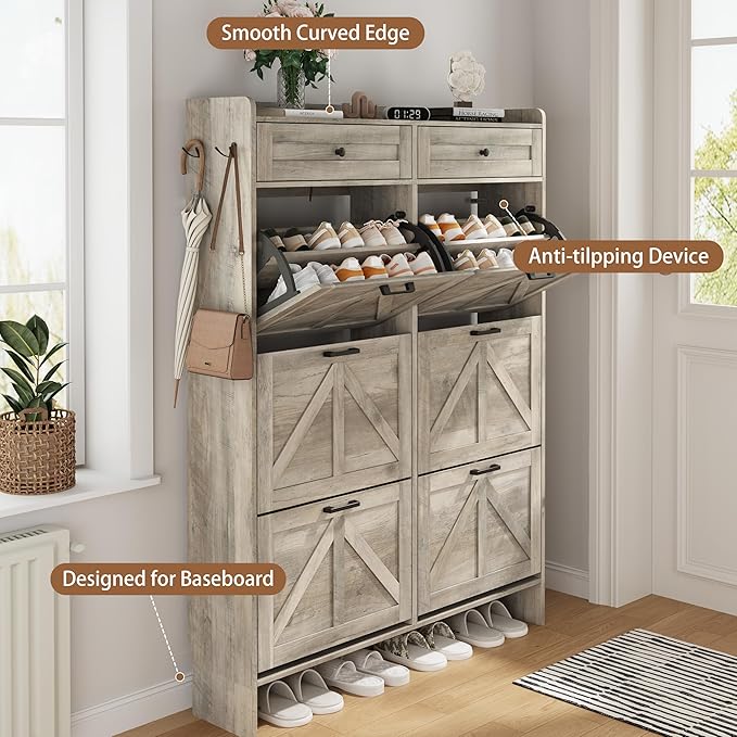 Shoe Cabinet with 6 Flip Drawers & 2 Top Drawers, 57" Tall Freestanding Narrow Wooden Shoe Storage Organizer for Entryway, Hidden Slim Shoe Rack for Front Door Entrance, Hallway, Living Room, Grey