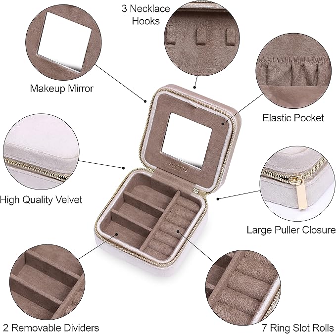 BLUTETE Travel Jewelry Box Organizer Velvet Travel Case With Mirror Ring Earrings Necklaces Storage Organizer Box (Champagne)