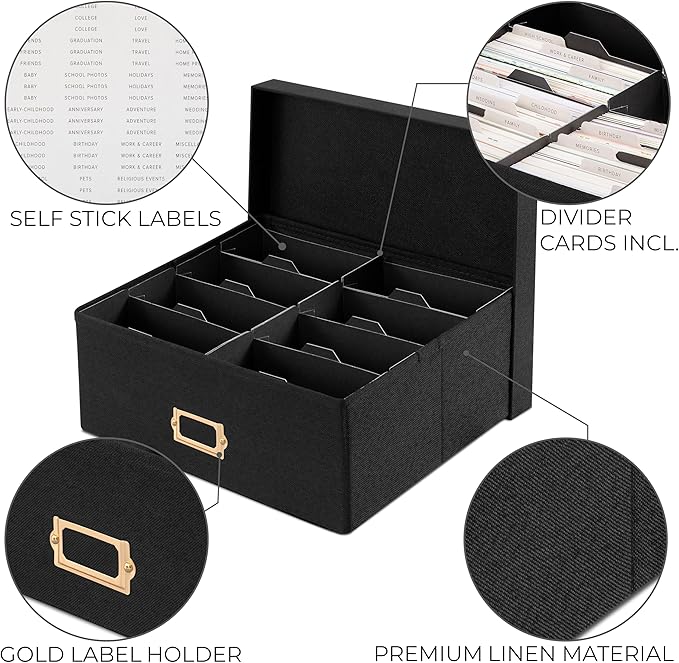 ZICOTO Decorative Photo Storage Box - Sturdy Linen Photo Organizer with Dividers is Perfect to Store Up to 1700 Pictures and 4x6 Photos - Portable Scrapbook Storage Containers with Lid