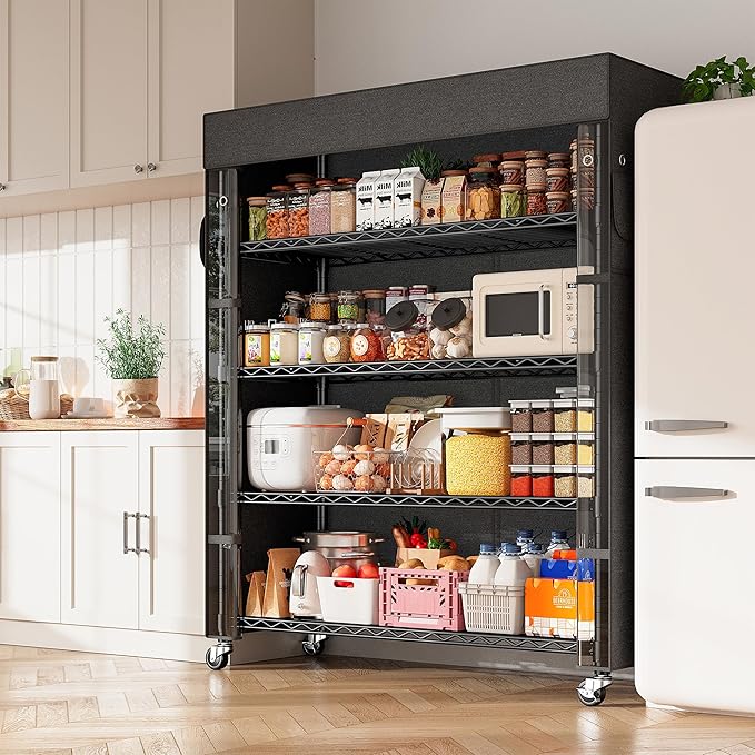 REIBII 72.8" H Storage Shelves with Cover & Wheels, Wire Shelving Heavy Duty Metal Shelving for Pantry Kitchen Garage, Storage Rack Shelf Shelving for Commercial Industrail, 35" W*16" D*72.8" H