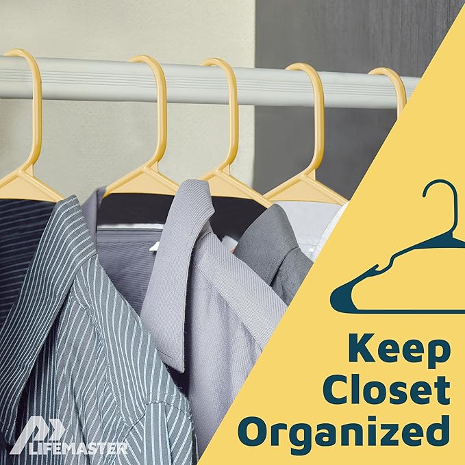 Lifemaster Plastic Clothes Hangers – Heavy Duty Hanger Set, for Organizing Clothes, Dresses, and Coat, Holds Up to 5 lbs, Space-Saving Hangers with Non-Slip Shoulder Grooves, Pack of 100, Yellow