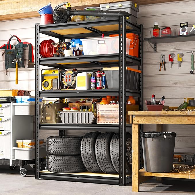 5 Tier Storage Shelves 2020LBS Garage Shelving,Adjustable Heavy Duty Metal Shelving Unit Utility Rack for Garage,Kitchen Pantry Shelf for Warehouse,Closet,Commercial,28" W x 12" D x 59.8" H,Black
