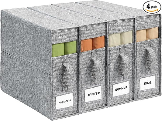 4Pack Sheet Organizers for Linen Closet - King/Queen Size Bedding Storage Boxes with Clear Window, Foldable & Dustproof Linen Organizer for Blankets & Sheet Sets,Grey