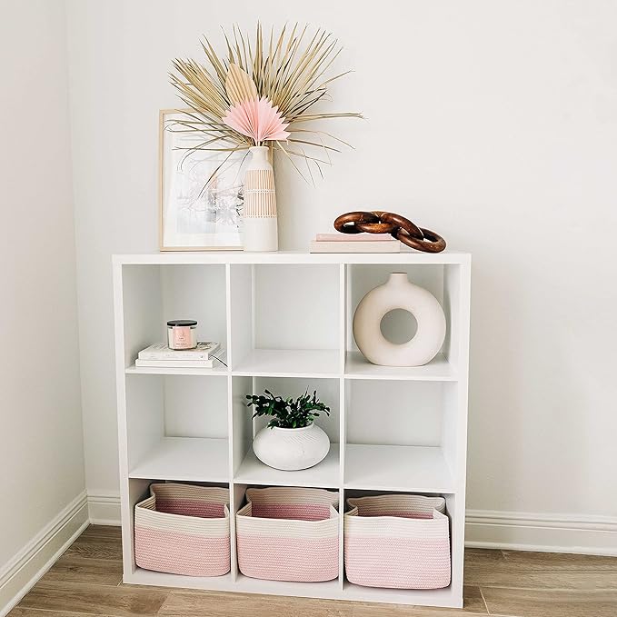 OrganiHaus Rope Baskets for Shelves - Set of 3 Woven Storage Baskets for Organizing, Closet & Toy Storage - Pink/Off-White - 15x9x10