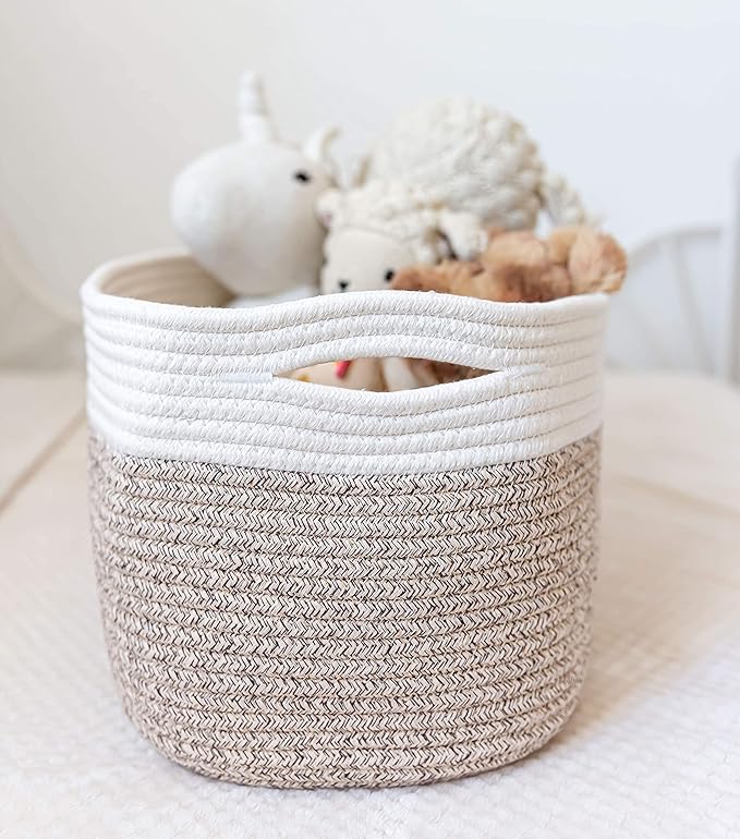 OrganiHaus Rope Baskets for Shelves - Set of 3 Woven Storage Baskets for Organizing, Closet & Toy Storage - Brown/Off-White - 15x9x10