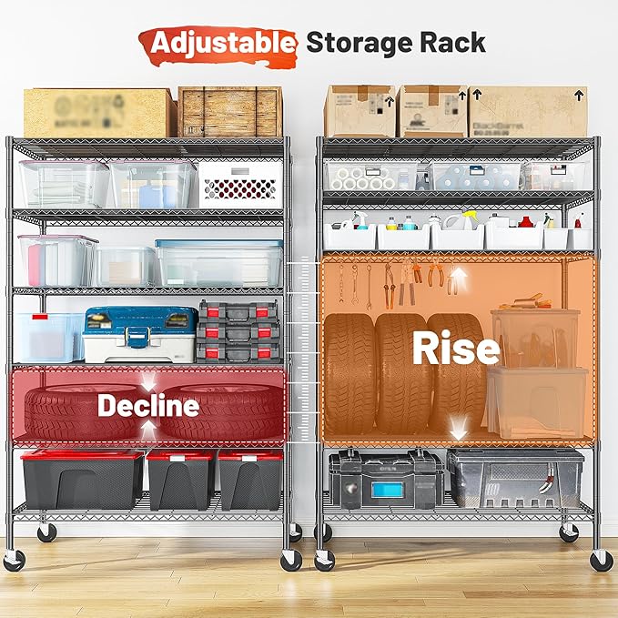 Romorgniz 82"H X45"W X18"D Storage Shelves with Wheels, 6 Tier Wire Shelving Adjustable Metal Shelving Pantry Shelves Capacity 1200LBS for Garage Shelving, Pantry, Kitchen, Closet, Commercial, Black