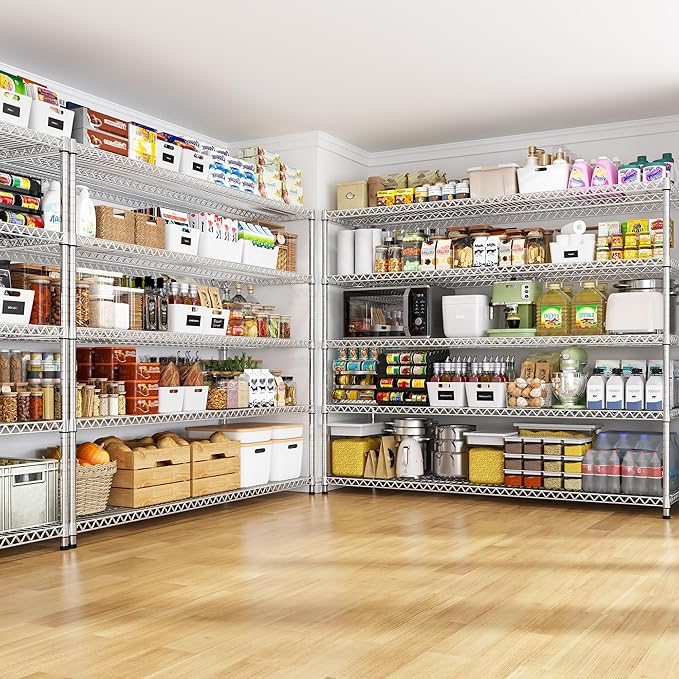 REIBII 55.5" W Storage Shelves 3200LBS Metal Shelving 5 Tier Wire Shelving Garage Shelving Heavy Duty Metal Shelves for Shelving Unit Commercial Adjustable Shelf, 55.5" W X 18''D X 71" H，Chrome,2P