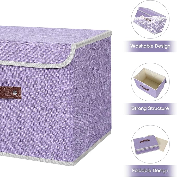 ANMINY 2PCS Storage Bin with Lid Storage Boxes with PU Leather Handles PP Plastic Board Decorative Foldable Lidded Cotton Linen Fabric Home Cubes Baskets Closet Organizer Container - Purple, Medium