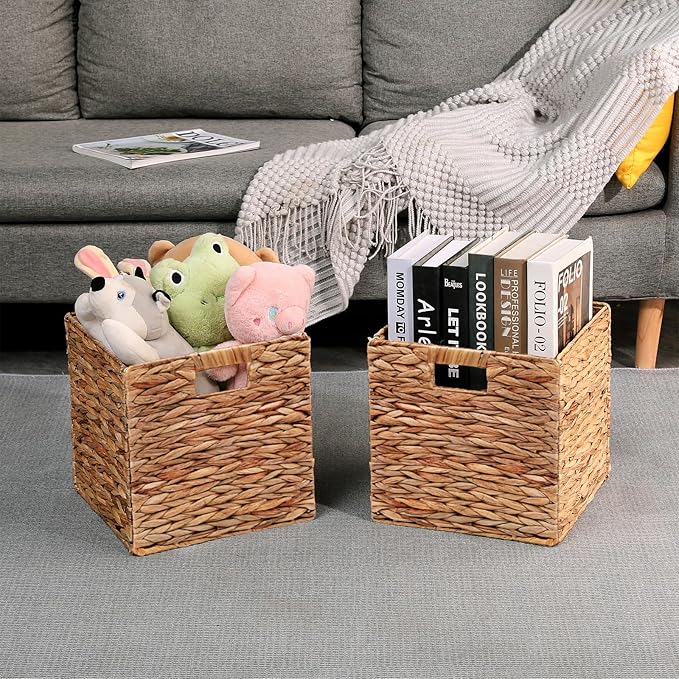 11x11in Wicker Storage Basket Set of 2 Collapsible Hyacinth Cube Storage Baskets,Storage Bins for Organizing Storage Basket with Built-in Handles