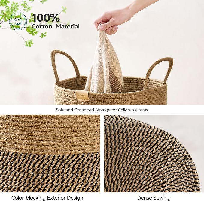 Nunsino Laundry Hamper 95L,Large Laundry Basket for Clothes,Decorative Storage Basket for Blankets,Cotton Rope Woven basket for bedroom,Dark Brown